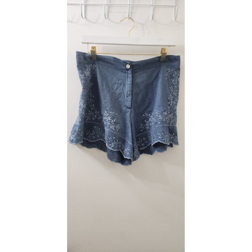 Juliet Dunn London Blue Embroidered Cotton Scalloped Shorts Size 2 Floral Sequin
